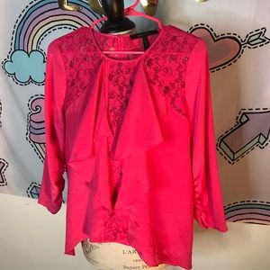 Hot pink lace and flutter BCBG detail blouse
